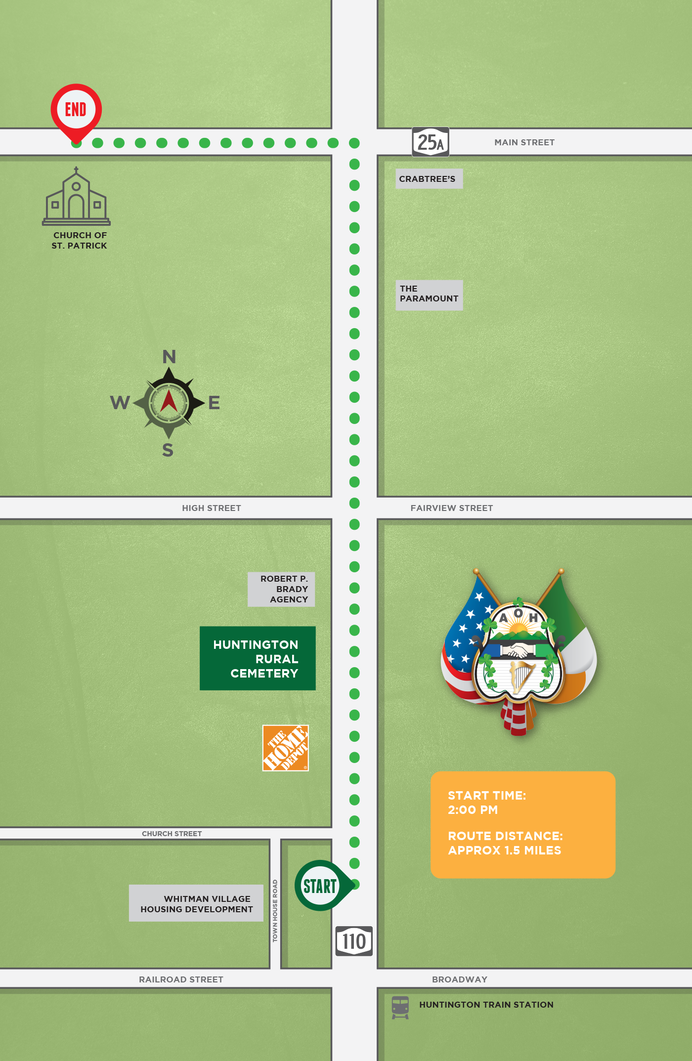 Map of the Huntington St. Patrick's Day Parade Route